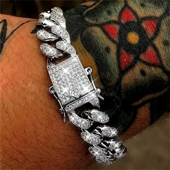 ⭐ Large Men's Cuban Link 8" Iced Out Diamond Bracelet 13mm Wide 18k White Gold ⭐ - Picture 7 of 7